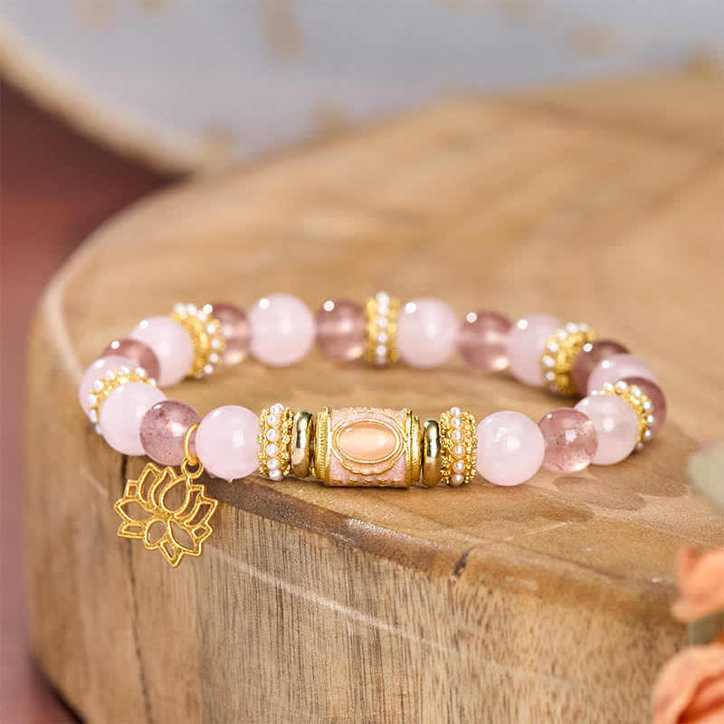 Buddha Stones Pulsera de cuentas redondas de cuarzo rosa y cuarzo fresa natural con esmalte. - image 3