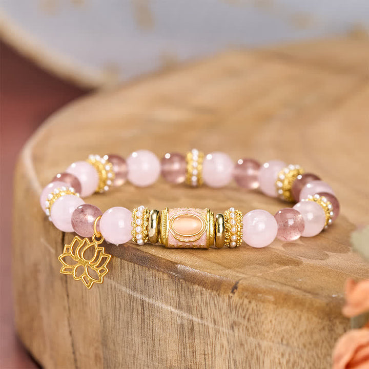 Buddha Stones Pulsera de cuentas redondas de cuarzo rosa y cuarzo fresa natural con esmalte. - image 3