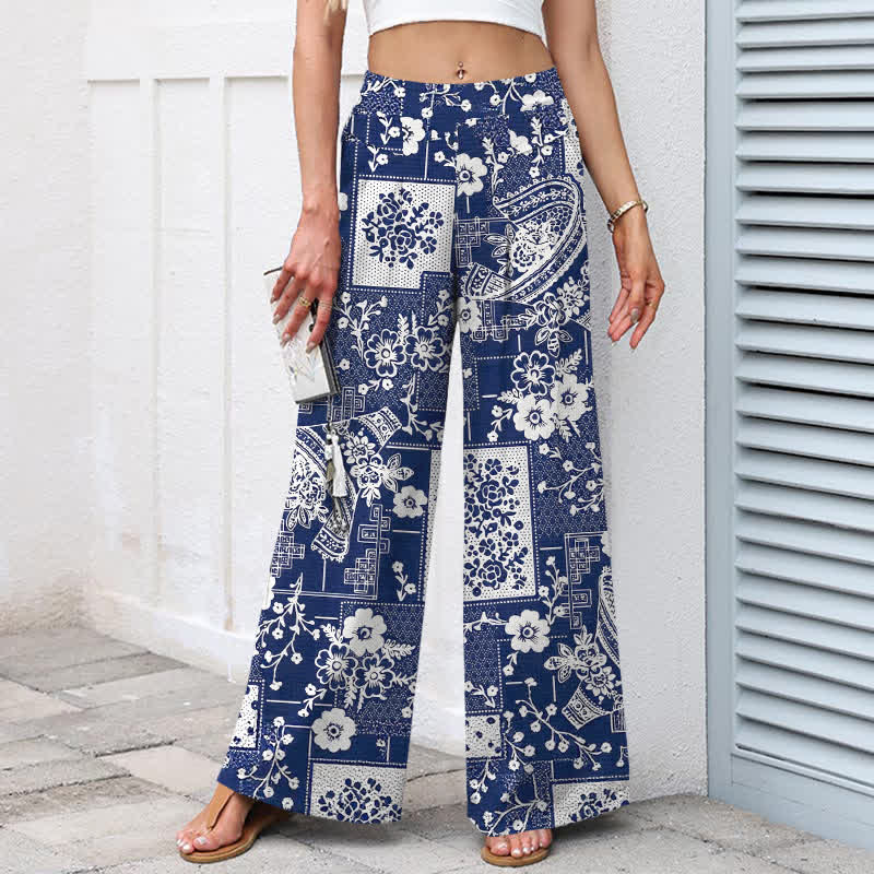 Buddha Stones Pantalones de mujer de algodón y lino con estampado floral geométrico vintage y cintura elástica, pernera ancha y bolsillos. - image 1