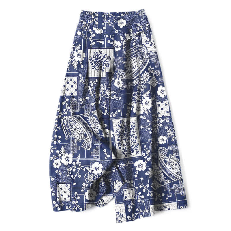 Buddha Stones Pantalones de mujer de algodón y lino con estampado floral geométrico vintage y cintura elástica, pernera ancha y bolsillos. - Marina de guerra - US16，UK/AU20，EU48 (3XL) - image 0