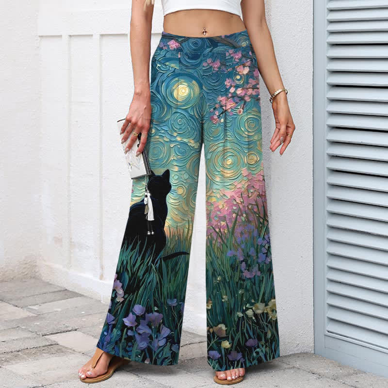 Buddha Stones Pantalones de mujer de algodón y lino con estampado de gato negro en el Bosque Encantado, cintura elástica y pernera ancha con bolsillos. - image 1