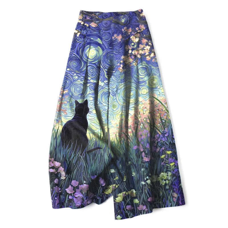 Buddha Stones Pantalones de mujer de algodón y lino con estampado de gato negro en el Bosque Encantado, cintura elástica y pernera ancha con bolsillos. - Azul pizarra - US16，UK/AU20，EU48 (3XL) - image 4