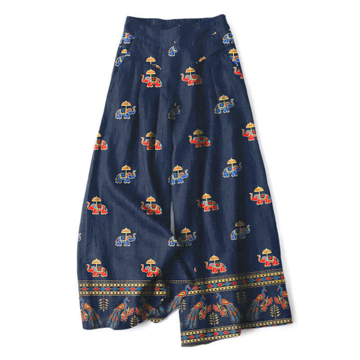 Buddha Stones Pantalones de mujer de algodón y lino con estampado bohemio de elefantes, cintura elástica y pernera ancha con bolsillos. - Azul medianoche - US16，UK/AU20，EU48 (3XL) - image 0