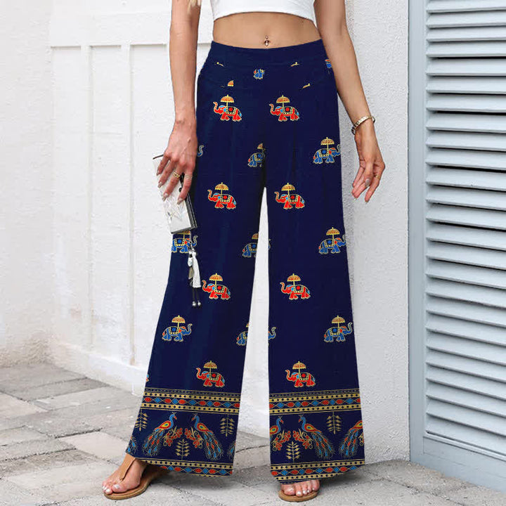 Buddha Stones Pantalones de mujer de algodón y lino con estampado bohemio de elefantes, cintura elástica y pernera ancha con bolsillos. - image 1