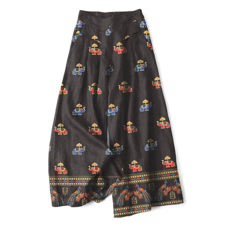 Buddha Stones Pantalones de mujer de algodón y lino con estampado bohemio de elefantes, cintura elástica y pernera ancha con bolsillos. - Marrón silla de montar - US16，UK/AU20，EU48 (3XL) - image 4
