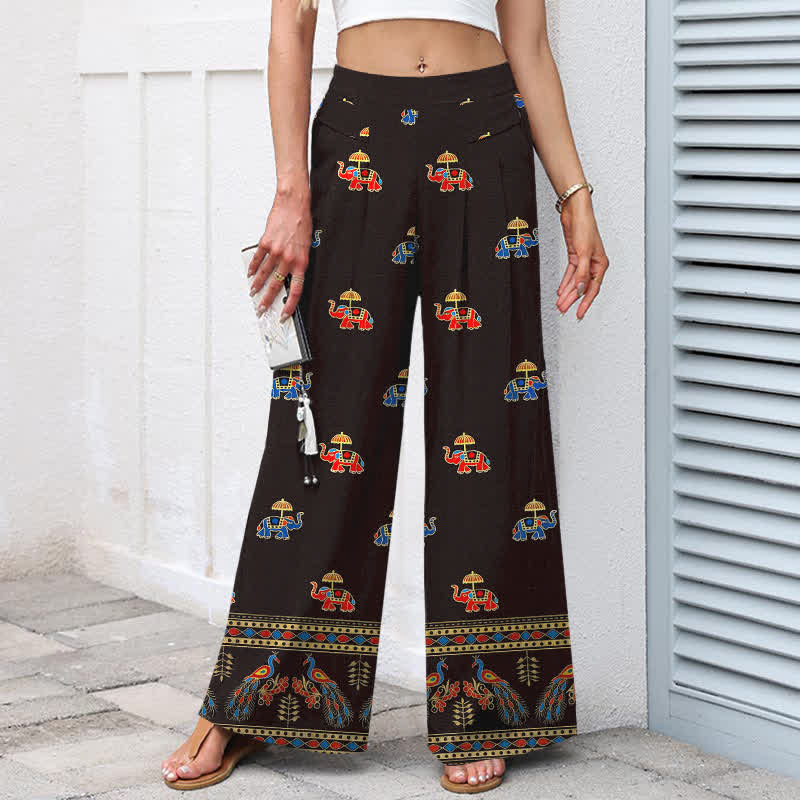 Buddha Stones Pantalones de mujer de algodón y lino con estampado bohemio de elefantes, cintura elástica y pernera ancha con bolsillos. - image 5