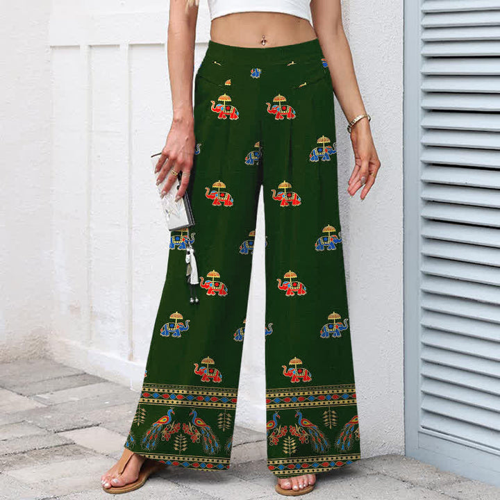 Buddha Stones Pantalones de mujer de algodón y lino con estampado bohemio de elefantes, cintura elástica y pernera ancha con bolsillos. - image 7