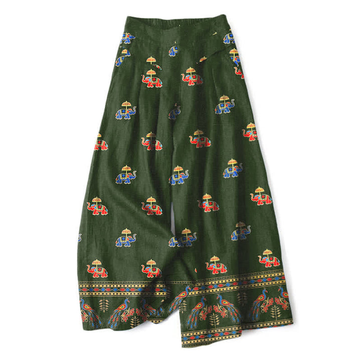 Buddha Stones Pantalones de mujer de algodón y lino con estampado bohemio de elefantes, cintura elástica y pernera ancha con bolsillos. - Verde oscuro - US16，UK/AU20，EU48 (3XL) - image 6