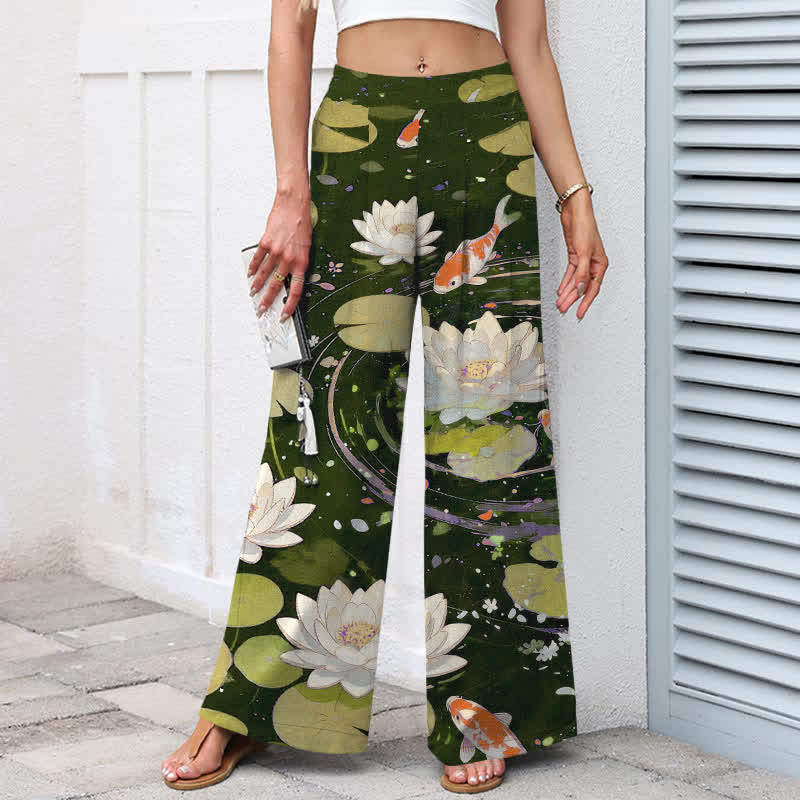 Buddha Stones Pantalones de mujer de algodón y lino con estampado de loto y peces koi, cintura elástica, pernera ancha y bolsillos. - image 7