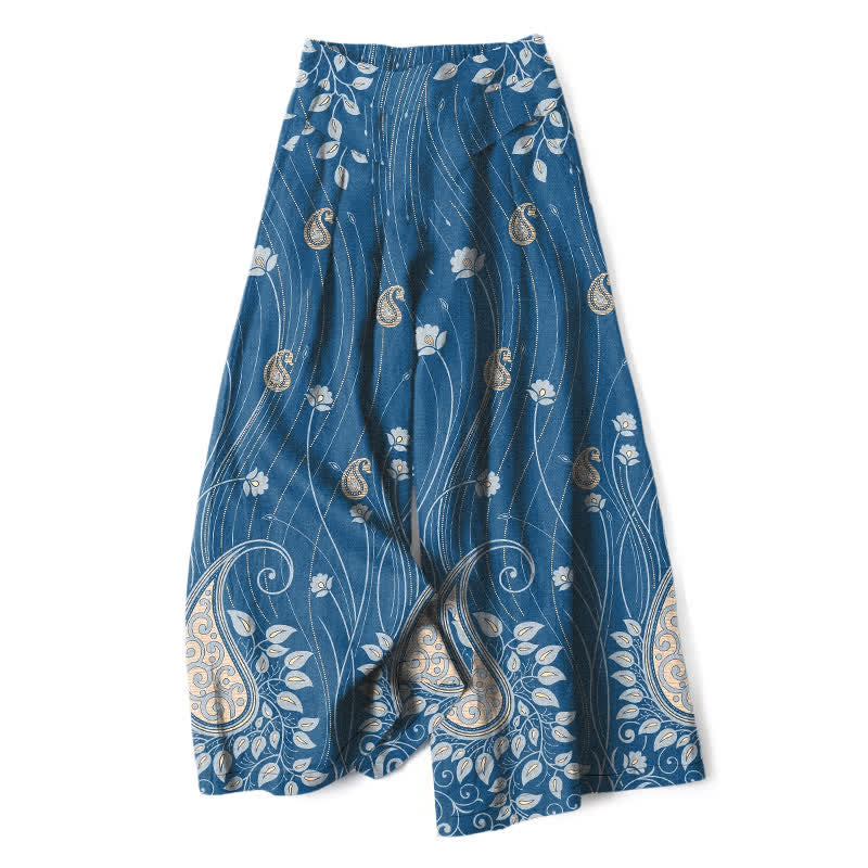 Buddha Stones Pantalones de mujer de algodón y lino con estampado floral de cachemir, cintura elástica y pernera ancha con bolsillos. - Azul acero - US16，UK/AU20，EU48 (3XL) - image 0