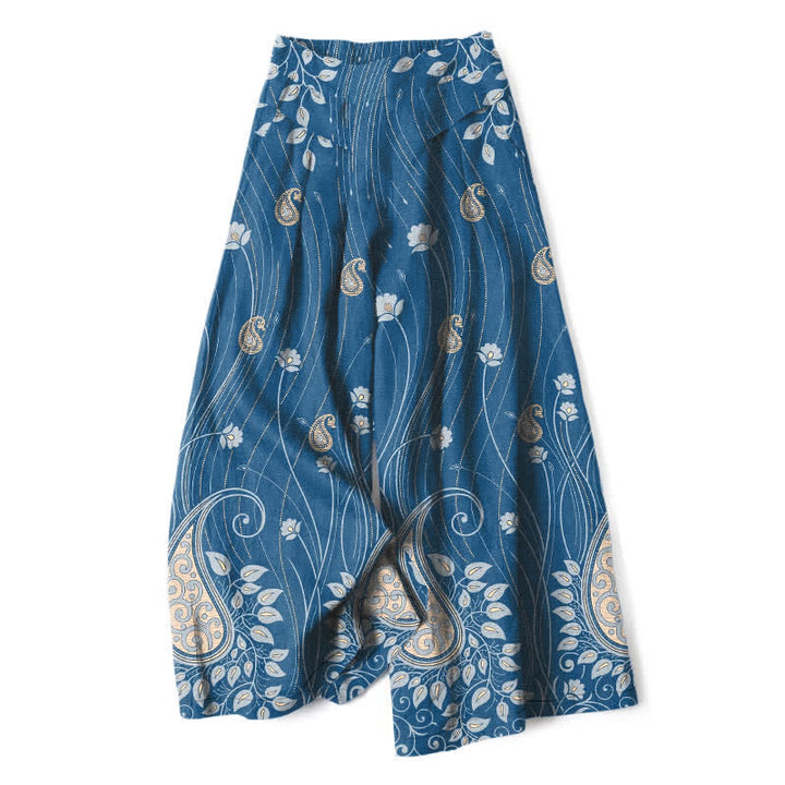 Buddha Stones Pantalones de mujer de algodón y lino con estampado floral de cachemir, cintura elástica y pernera ancha con bolsillos. - Azul acero - US16，UK/AU20，EU48 (3XL) - image 0