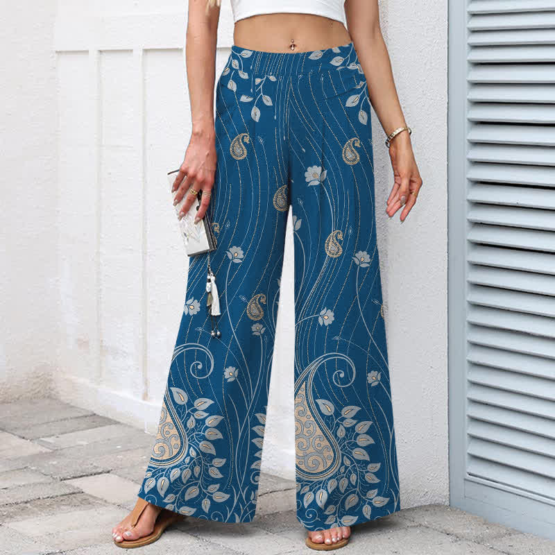 Buddha Stones Pantalones de mujer de algodón y lino con estampado floral de cachemir, cintura elástica y pernera ancha con bolsillos. - image 1
