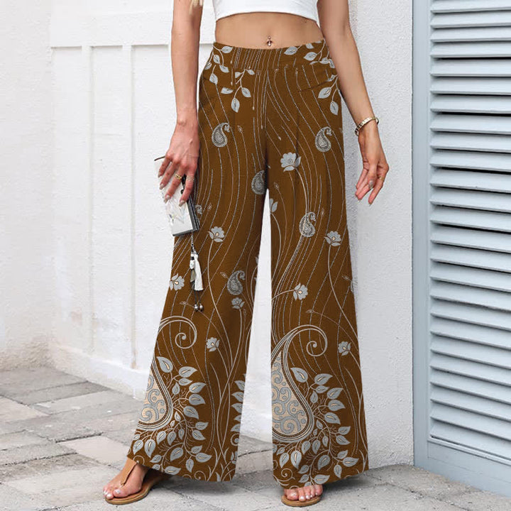 Buddha Stones Pantalones de mujer de algodón y lino con estampado floral de cachemir, cintura elástica y pernera ancha con bolsillos. - image 5