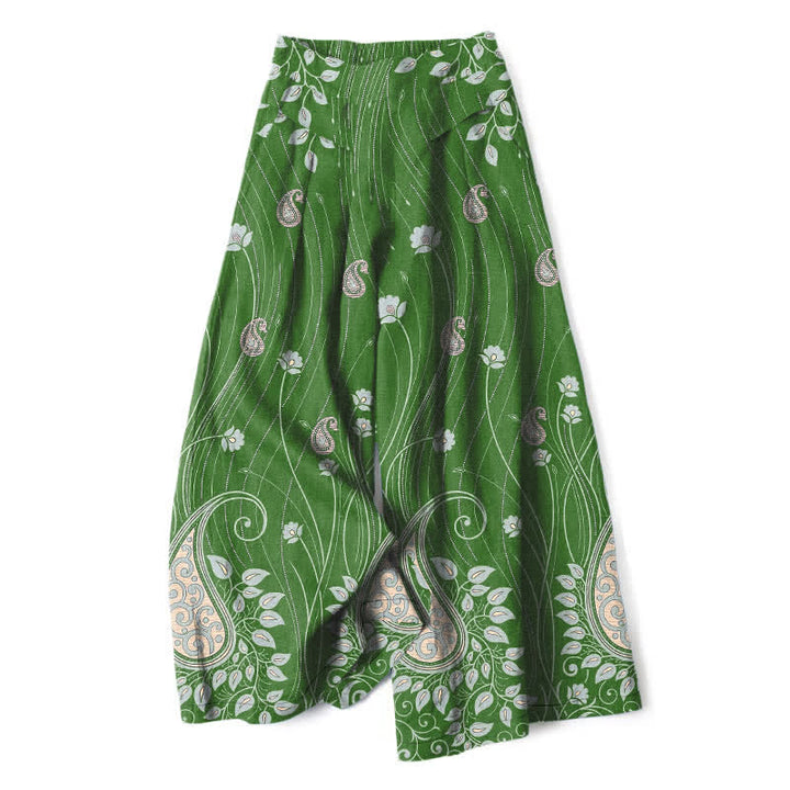 Buddha Stones Pantalones de mujer de algodón y lino con estampado floral de cachemir, cintura elástica y pernera ancha con bolsillos. - Verde bosque - US16，UK/AU20，EU48 (3XL) - image 6