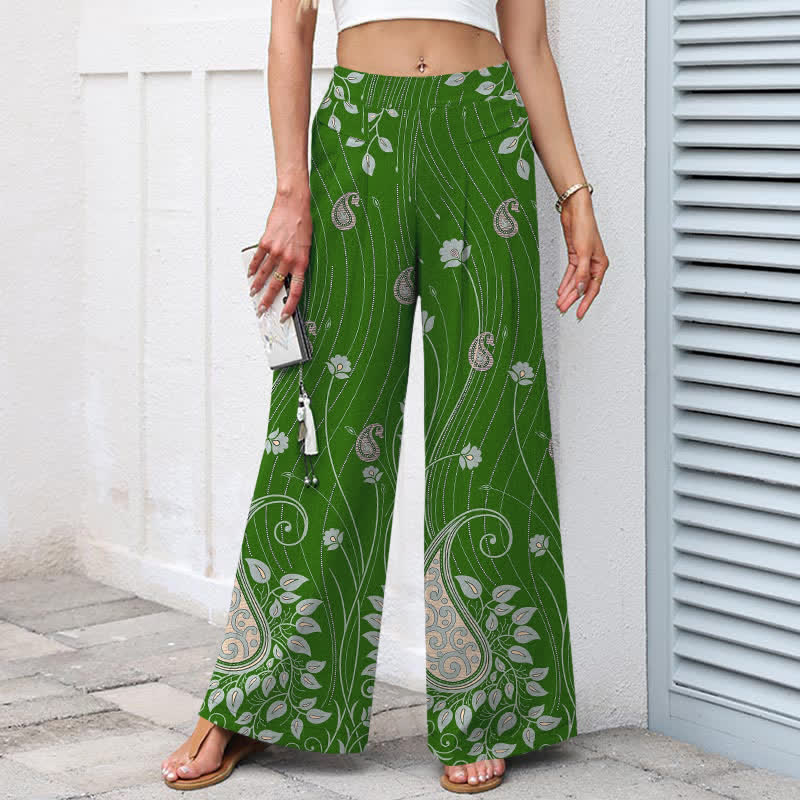 Buddha Stones Pantalones de mujer de algodón y lino con estampado floral de cachemir, cintura elástica y pernera ancha con bolsillos. - image 7