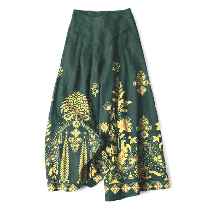 Buddha Stones Pantalones de mujer de algodón y lino con estampado floral dorado estilo bohemio, cintura elástica y pernera ancha con bolsillos. - Verde oscuro - US16，UK/AU20，EU48 (3XL) - image 0