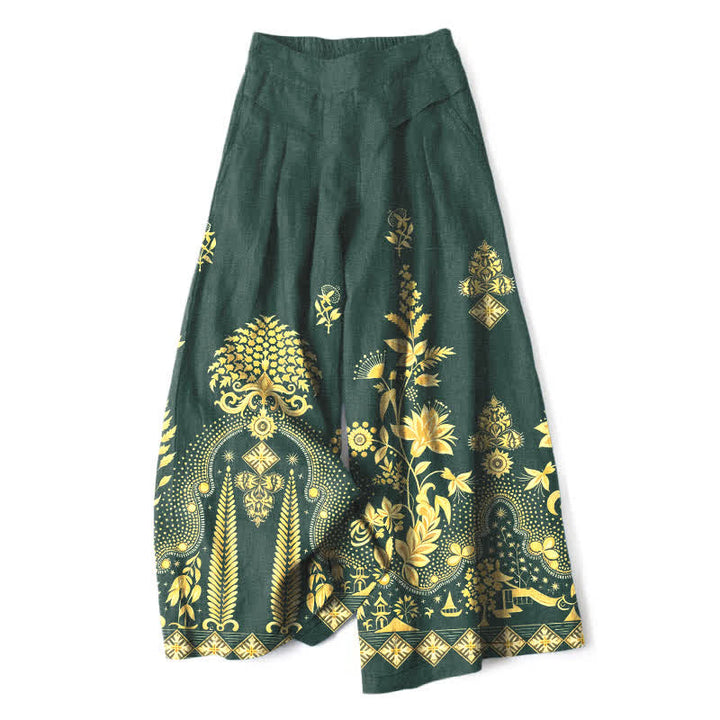 Buddha Stones Pantalones de mujer de algodón y lino con estampado floral dorado estilo bohemio, cintura elástica y pernera ancha con bolsillos. - Verde oscuro - US16，UK/AU20，EU48 (3XL) - image 0
