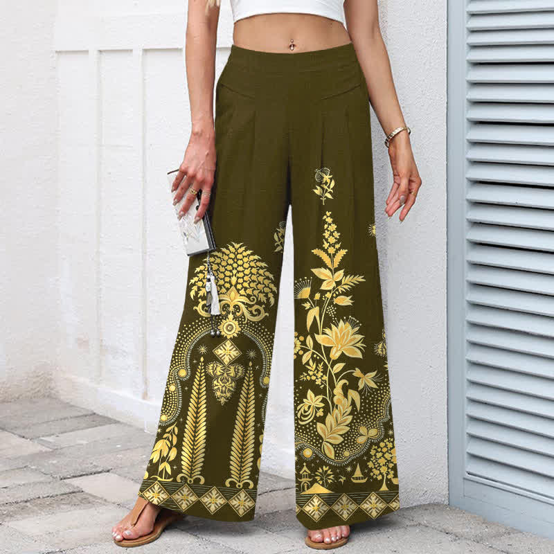 Buddha Stones Pantalones de mujer de algodón y lino con estampado floral dorado estilo bohemio, cintura elástica y pernera ancha con bolsillos. - image 5
