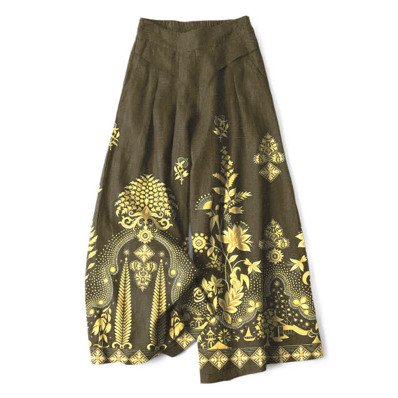 Buddha Stones Pantalones de mujer de algodón y lino con estampado floral dorado estilo bohemio, cintura elástica y pernera ancha con bolsillos. - Verde oliva oscuro - US16，UK/AU20，EU48 (3XL) - image 4