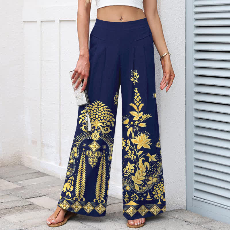 Buddha Stones Pantalones de mujer de algodón y lino con estampado floral dorado estilo bohemio, cintura elástica y pernera ancha con bolsillos. - image 7