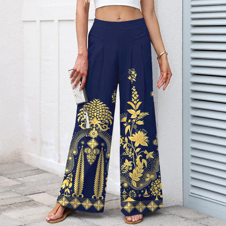 Buddha Stones Pantalones de mujer de algodón y lino con estampado floral dorado estilo bohemio, cintura elástica y pernera ancha con bolsillos. - image 7