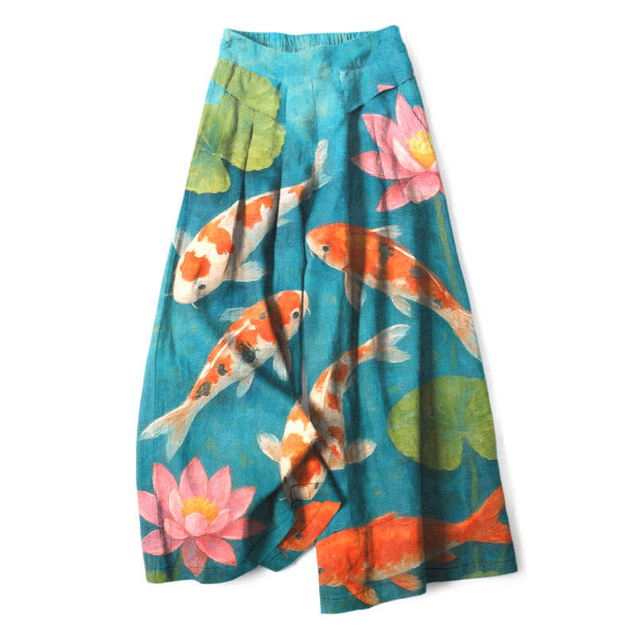 Buddha Stones Pantalones de mujer de algodón y lino con estampado de peces koi rojos y blancos y loto rosa, de pierna ancha y cintura elástica con bolsillos. - Turquesa oscuro - US16，UK/AU20，EU48 (3XL) - image 0