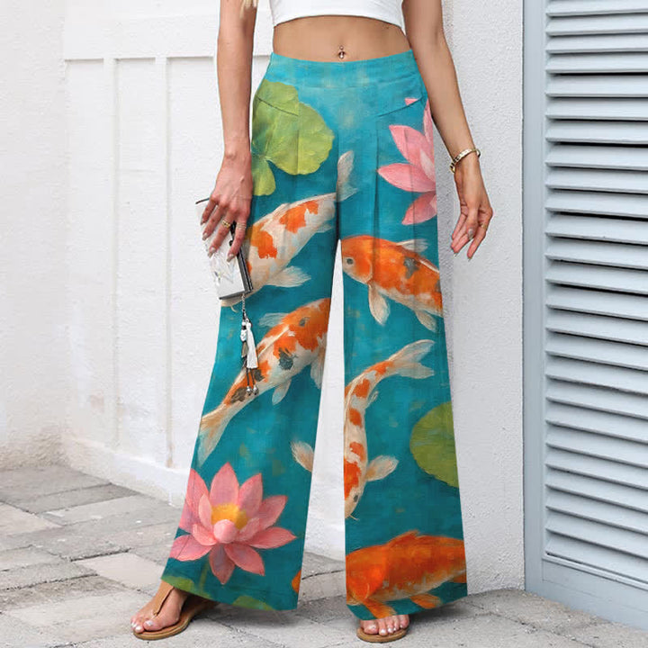 Buddha Stones Pantalones de mujer de algodón y lino con estampado de peces koi rojos y blancos y loto rosa, de pierna ancha y cintura elástica con bolsillos. - image 1