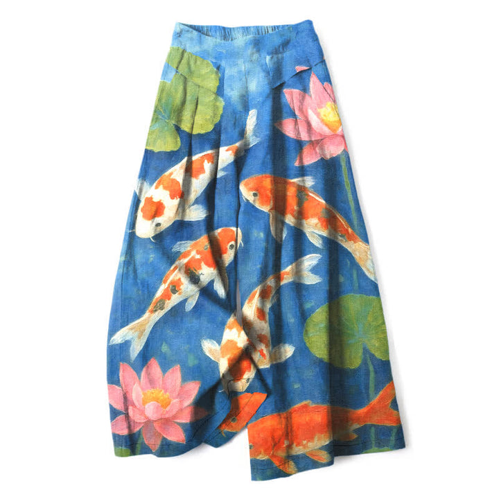 Buddha Stones Pantalones de mujer de algodón y lino con estampado de peces koi rojos y blancos y loto rosa, de pierna ancha y cintura elástica con bolsillos. - Azul real - US16，UK/AU20，EU48 (3XL) - image 4