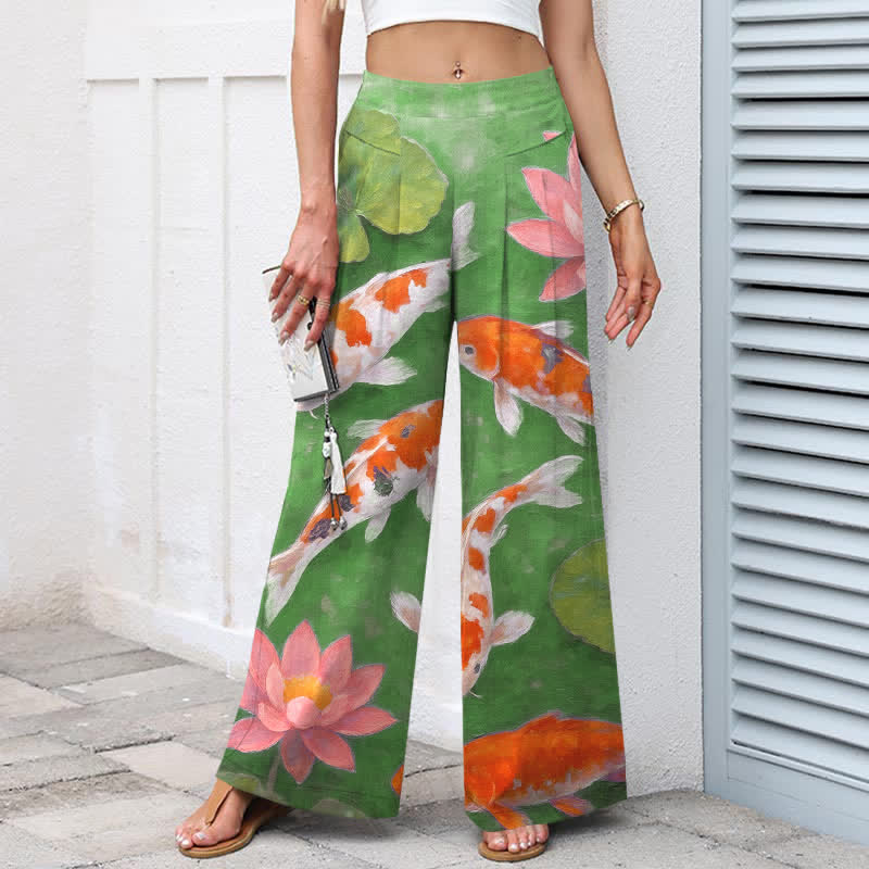 Buddha Stones Pantalones de mujer de algodón y lino con estampado de peces koi rojos y blancos y loto rosa, de pierna ancha y cintura elástica con bolsillos. - image 7