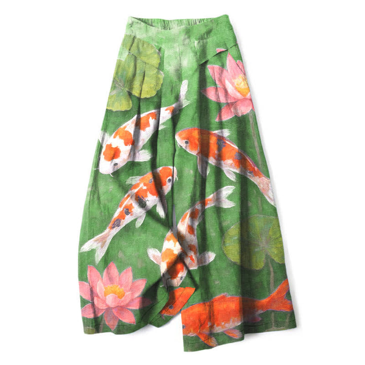 Buddha Stones Pantalones de mujer de algodón y lino con estampado de peces koi rojos y blancos y loto rosa, de pierna ancha y cintura elástica con bolsillos. - Verde pálido - US16，UK/AU20，EU48 (3XL) - image 6