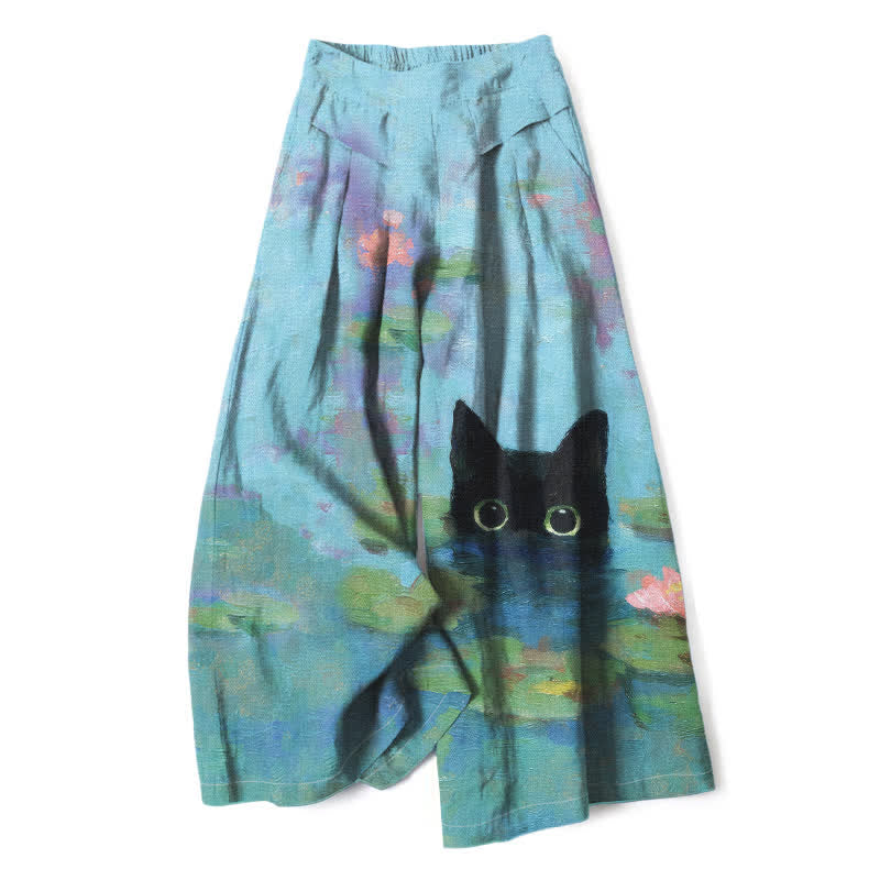 Buddha Stones Pantalones de mujer de lino y algodón con estampado de gato negro y estanque de lotos, cintura elástica, pernera ancha y bolsillos. - Azul claro - US16，UK/AU20，EU48 (3XL) - image 0