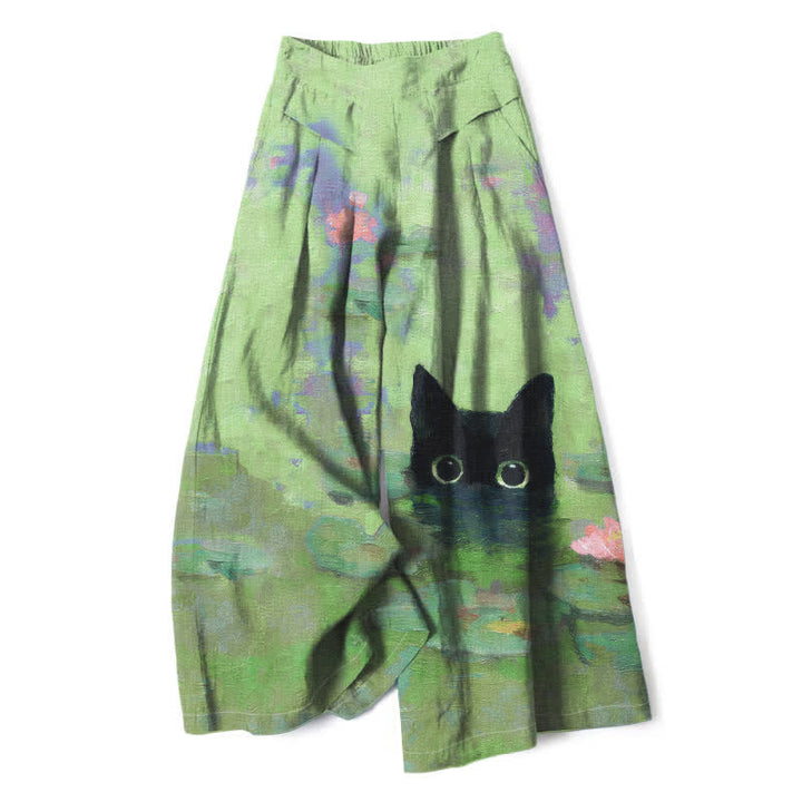 Buddha Stones Pantalones de mujer de lino y algodón con estampado de gato negro y estanque de lotos, cintura elástica, pernera ancha y bolsillos. - Verde pálido - US16，UK/AU20，EU48 (3XL) - image 4