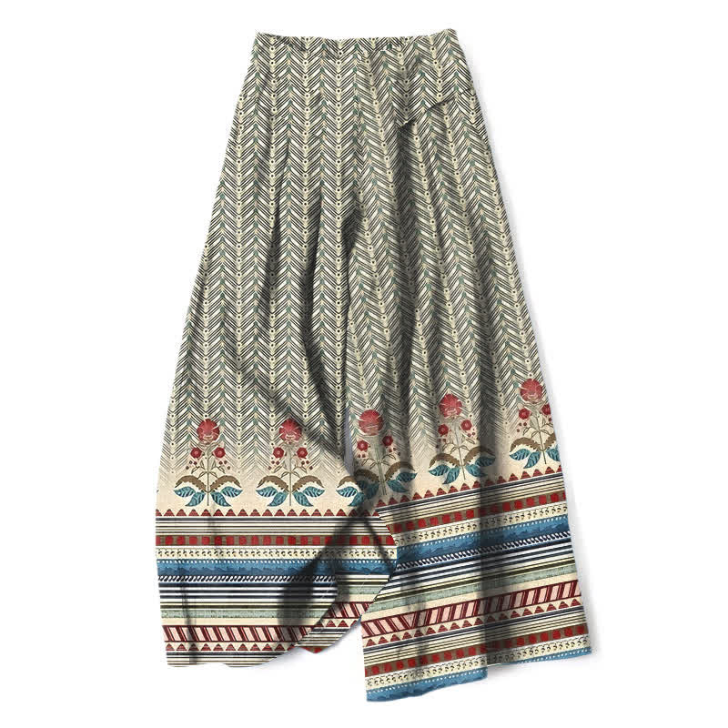 Buddha Stones Pantalones de mujer de algodón y lino con estampado geométrico en zigzag estilo bohemio, cintura elástica y pernera ancha con bolsillos. - Trigo - US16，UK/AU20，EU48 (3XL) - image 0