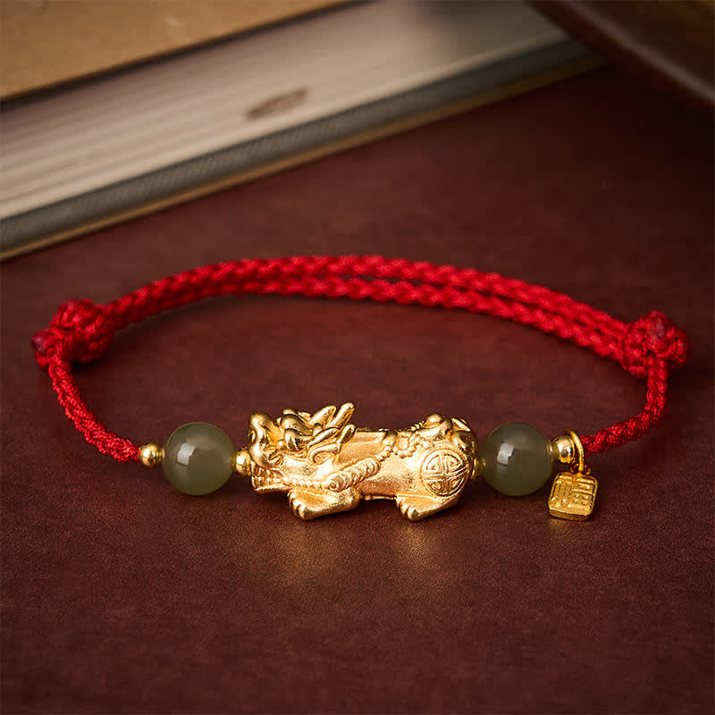 Buddha Stones Pulsera de hilo rojo con el carácter Pi Xiu Fu de cobre para la buena suerte - Hilo rojo (Protección♥Suerte) - image 0