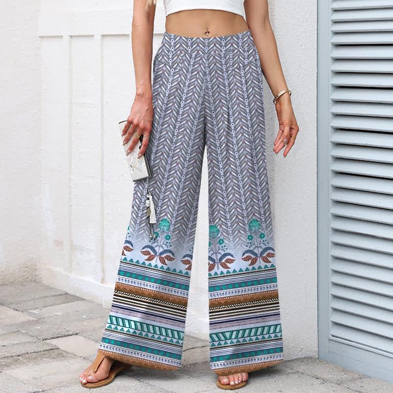 Buddha Stones Pantalones de mujer de algodón y lino con estampado geométrico en zigzag estilo bohemio, cintura elástica y pernera ancha con bolsillos. - image 5