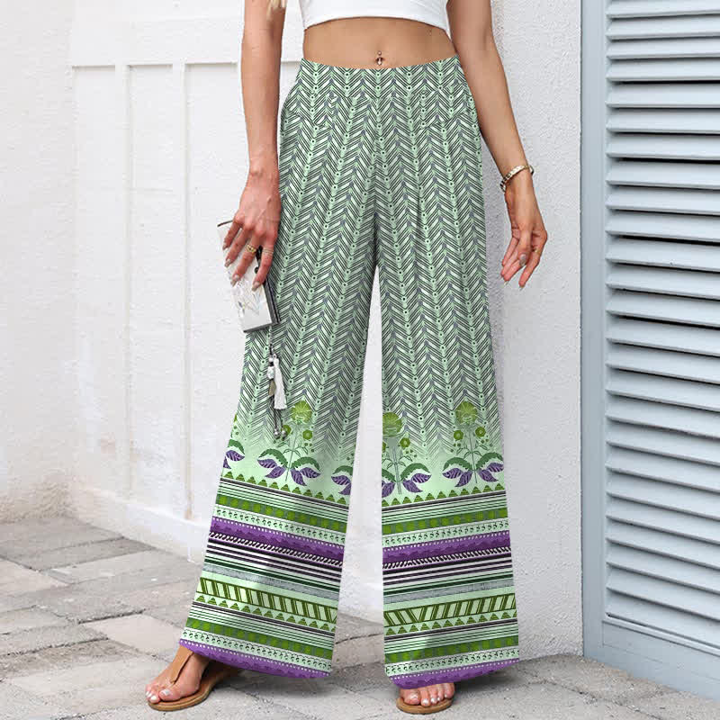Buddha Stones Pantalones de mujer de algodón y lino con estampado geométrico en zigzag estilo bohemio, cintura elástica y pernera ancha con bolsillos. - image 7