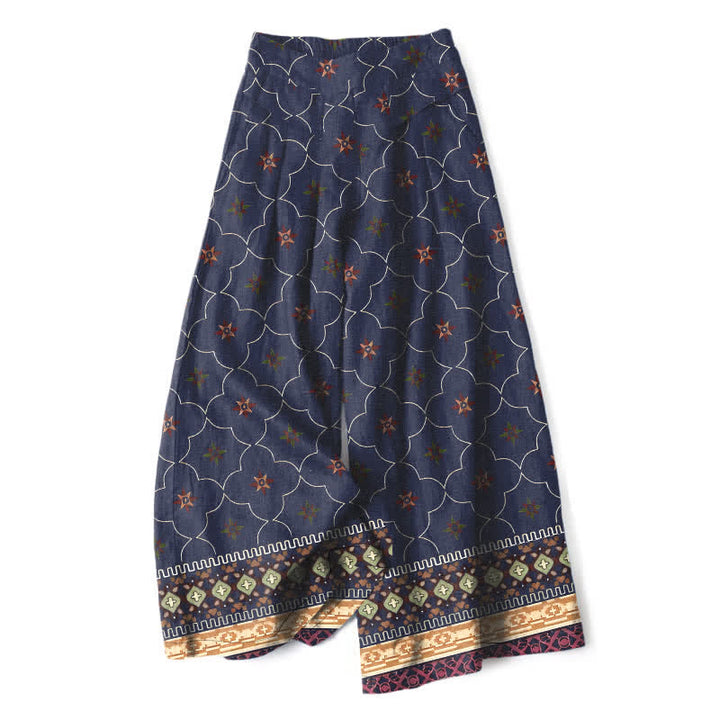 Buddha Stones Pantalones de mujer de algodón y lino con estampado bohemio geométrico de líneas florales, cintura elástica y pernera ancha con bolsillos. - Azul medianoche - US16，UK/AU20，EU48 (3XL) - image 0