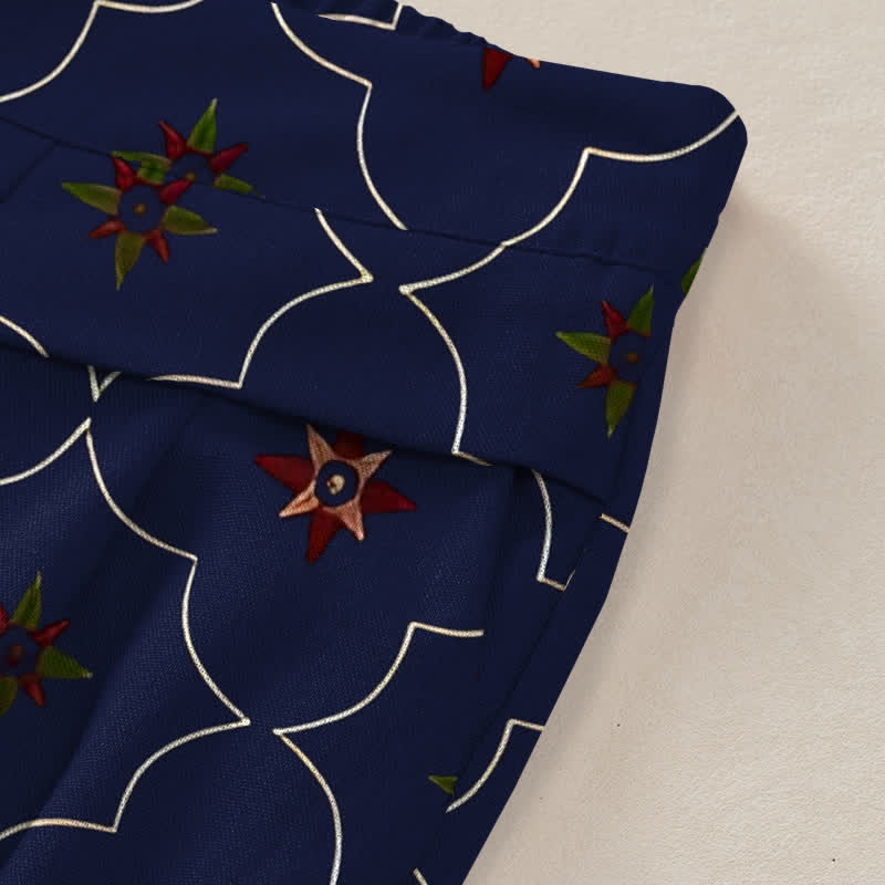 Buddha Stones Pantalones de mujer de algodón y lino con estampado bohemio geométrico de líneas florales, cintura elástica y pernera ancha con bolsillos. - image 2