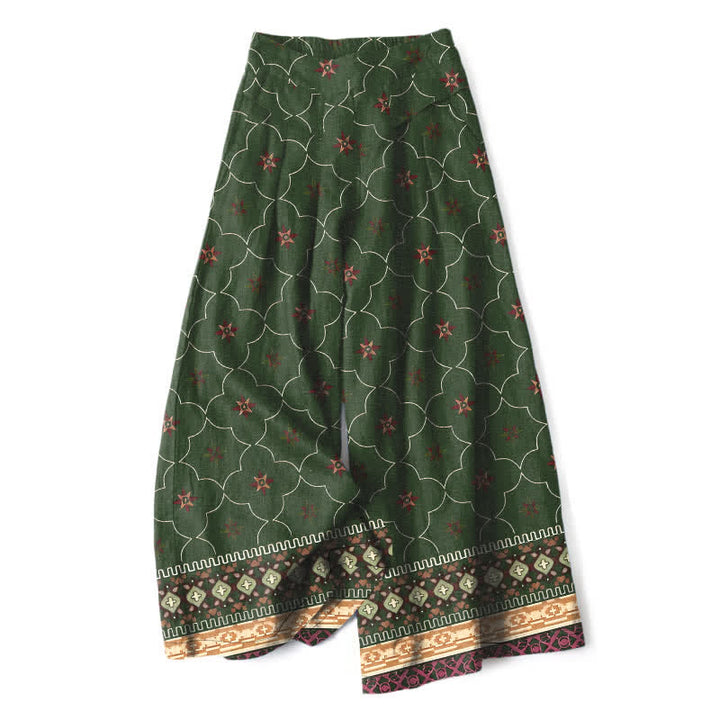 Buddha Stones Pantalones de mujer de algodón y lino con estampado bohemio geométrico de líneas florales, cintura elástica y pernera ancha con bolsillos. - Verde oliva oscuro - US16，UK/AU20，EU48 (3XL) - image 6