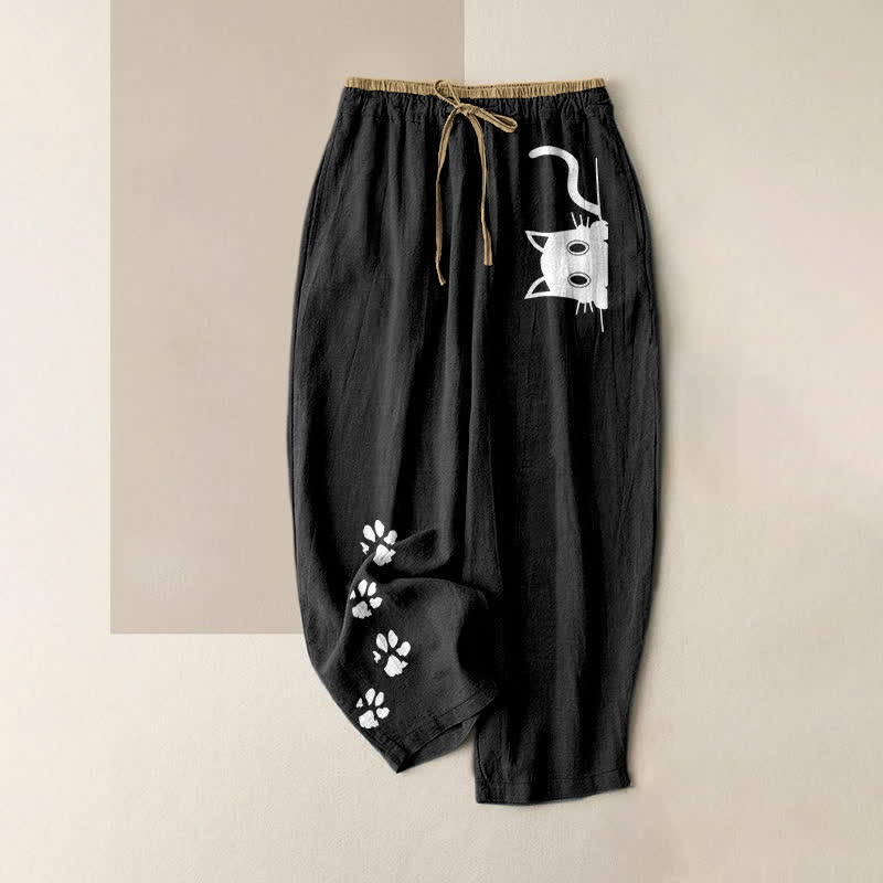Buddha Stones Pantalones de mujer de algodón puro con estampado de huellas de gato y cintura elástica con bolsillos. - Negro - US16，UK/AU20，EU48 (3XL) - image 0
