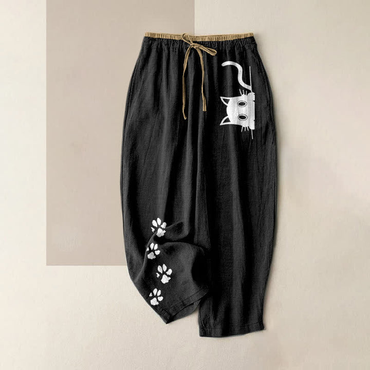 Buddha Stones Pantalones de mujer de algodón puro con estampado de huellas de gato y cintura elástica con bolsillos. - Negro - US16，UK/AU20，EU48 (3XL) - image 0