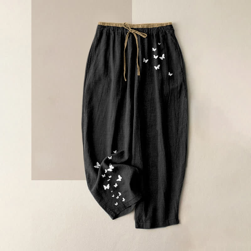 Buddha Stones Pantalones de mujer de algodón puro con estampado de mariposas blancas, cintura elástica y bolsillos. - Negro - US16，UK/AU20，EU48 (3XL) - image 4