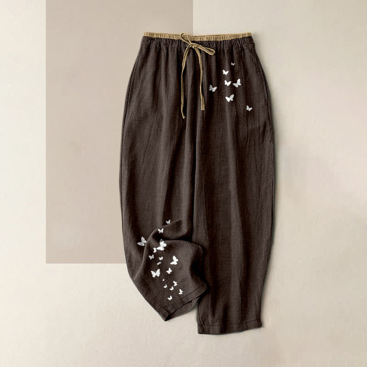 Buddha Stones Pantalones de mujer de algodón puro con estampado de mariposas blancas, cintura elástica y bolsillos. - Marrón silla de montar - US16，UK/AU20，EU48 (3XL) - image 8