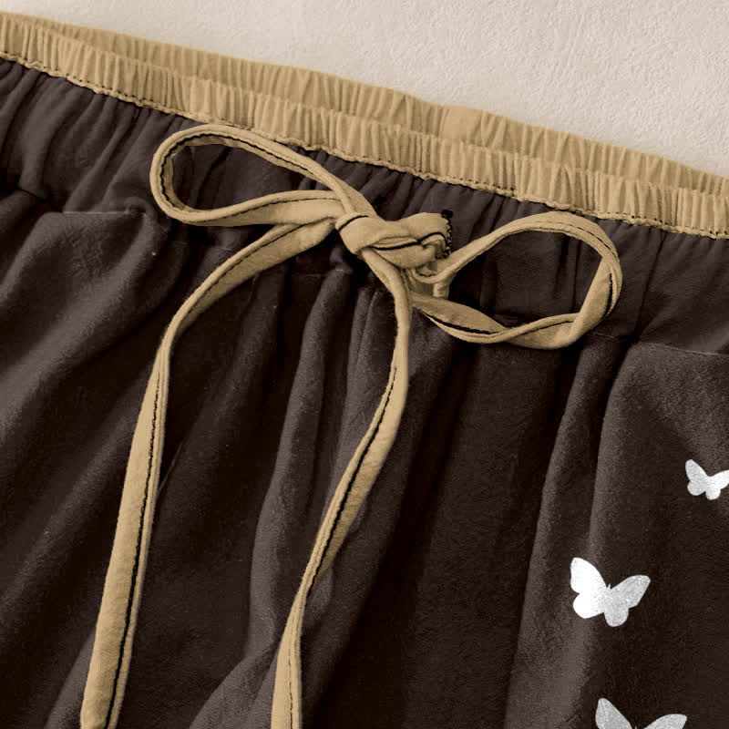 Buddha Stones Pantalones de mujer de algodón puro con estampado de mariposas blancas, cintura elástica y bolsillos. - image 9