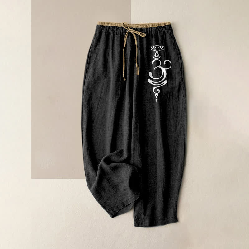 Buddha Stones Pantalones de mujer de algodón puro con estampado de loto sagrado Om y cintura elástica con bolsillos. - Negro - US16，UK/AU20，EU48 (3XL) - image 4