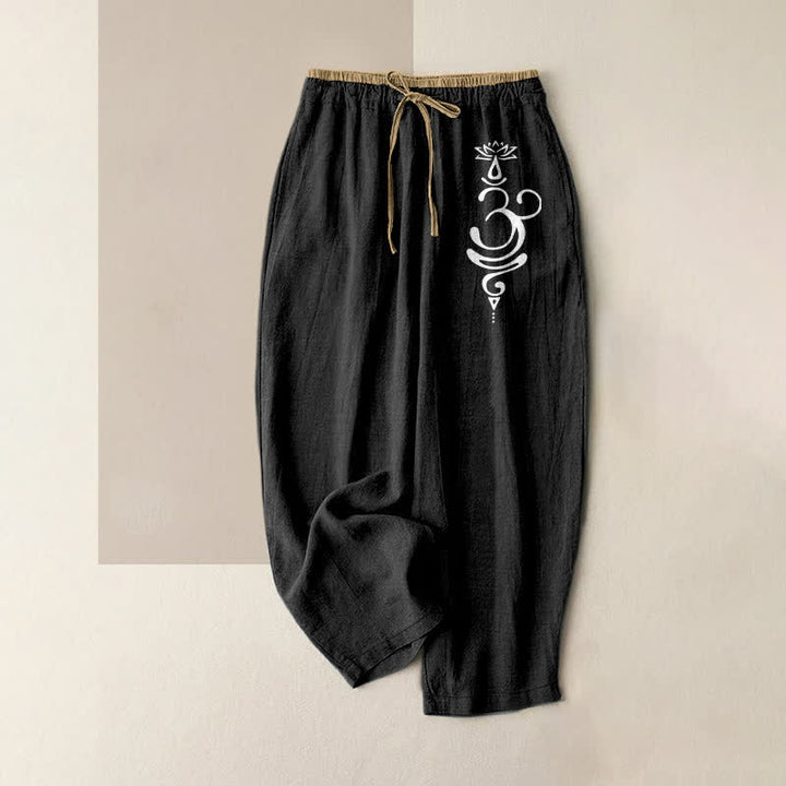 Buddha Stones Pantalones de mujer de algodón puro con estampado de loto sagrado Om y cintura elástica con bolsillos. - Negro - US16，UK/AU20，EU48 (3XL) - image 4