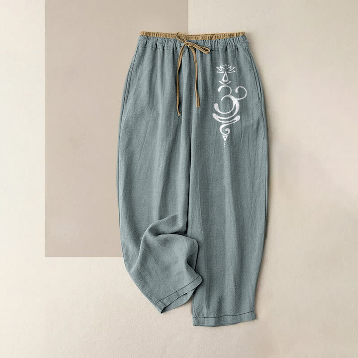 Buddha Stones Pantalones de mujer de algodón puro con estampado de loto sagrado Om y cintura elástica con bolsillos. - Azul claro - US16，UK/AU20，EU48 (3XL) - image 8
