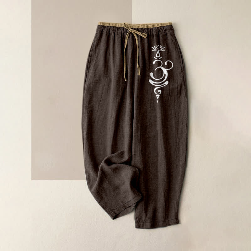 Buddha Stones Pantalones de mujer de algodón puro con estampado de loto sagrado Om y cintura elástica con bolsillos. - Marrón silla de montar - US16，UK/AU20，EU48 (3XL) - image 0