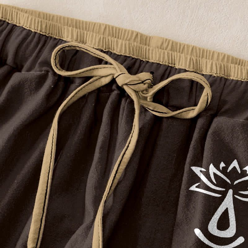 Buddha Stones Pantalones de mujer de algodón puro con estampado de loto sagrado Om y cintura elástica con bolsillos. - image 1