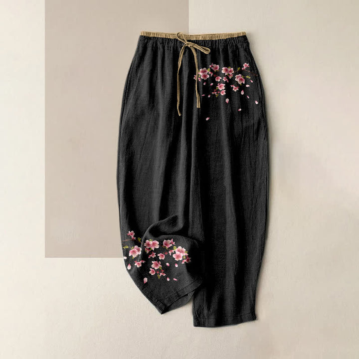 Buddha Stones Pantalones de mujer de algodón puro con estampado de flores rosas, cintura elástica y bolsillos. - Negro - US16，UK/AU20，EU48 (3XL) - image 0